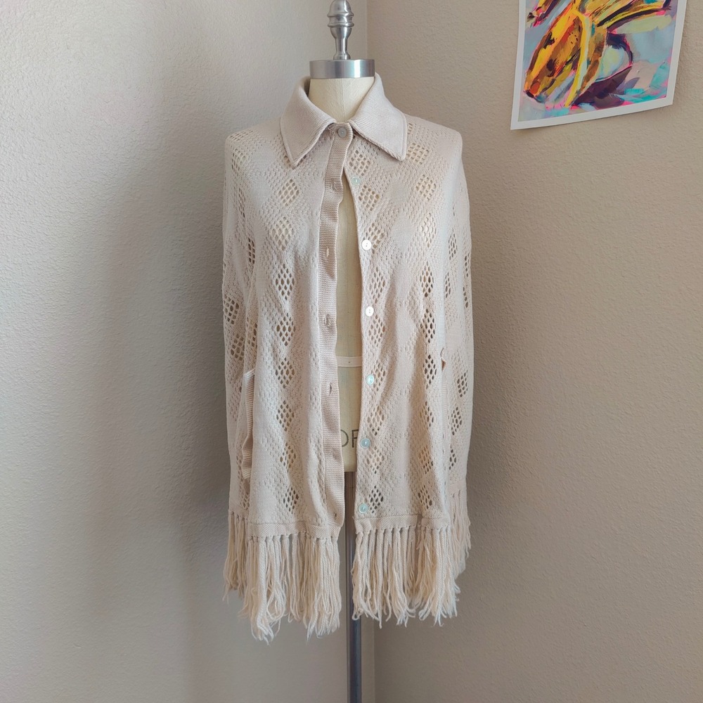 Vintage 70s Cream‎ Pointelle Knit Fringe Cardigan Poncho Button Front Boho M